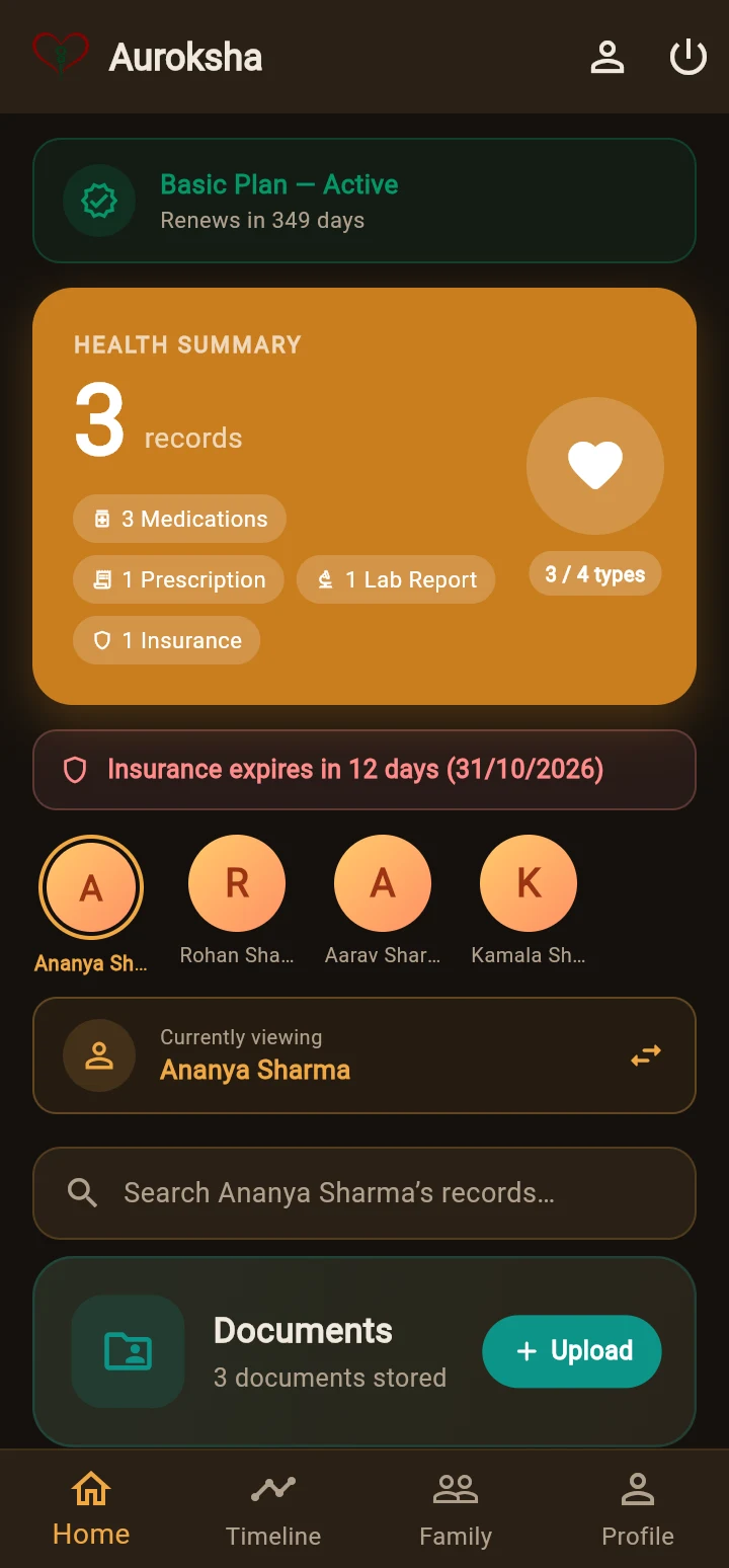Auroksha Android app home screen