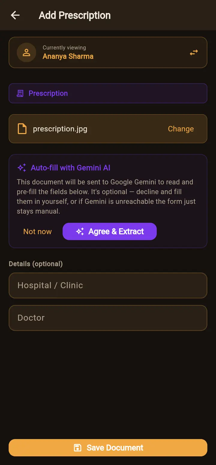 Add Prescription screen offering Gemini AI auto-fill