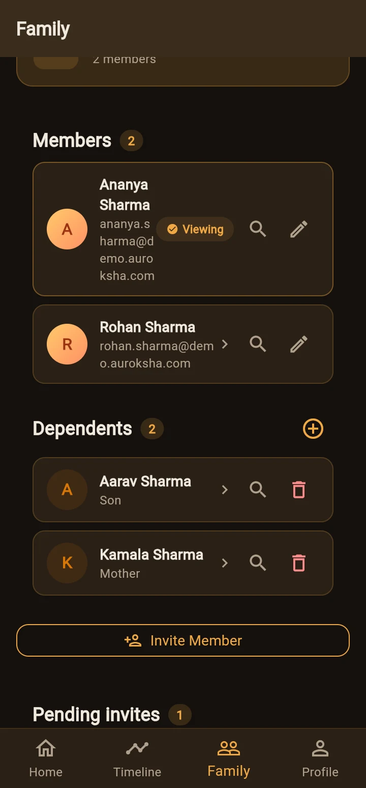 Family screen scrolled to dependents and pending invites