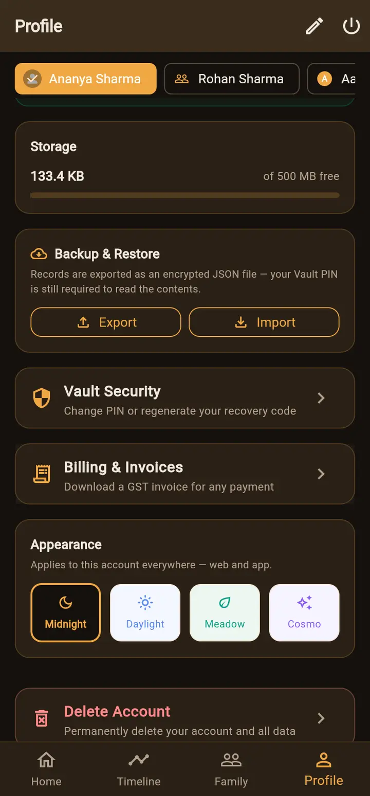 Profile screen showing Backup and Restore