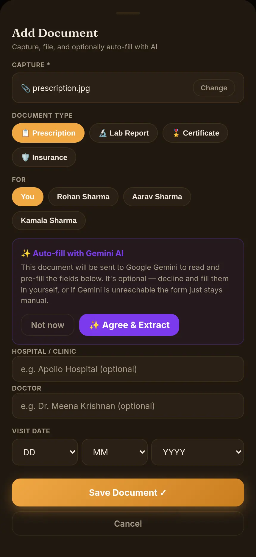 Add Document form with the AI auto-fill offer