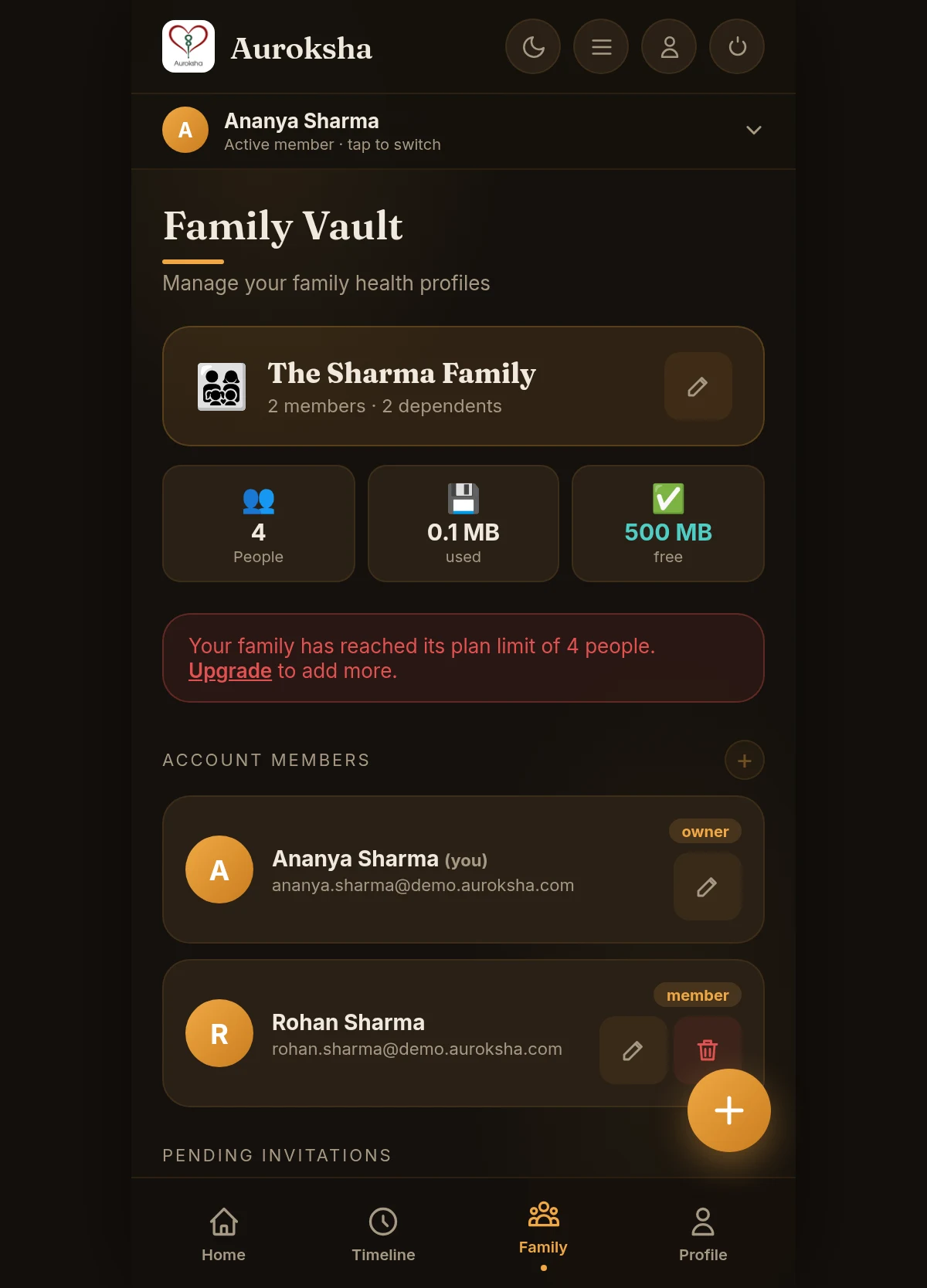 Family Vault screen with members, invitations and dependents