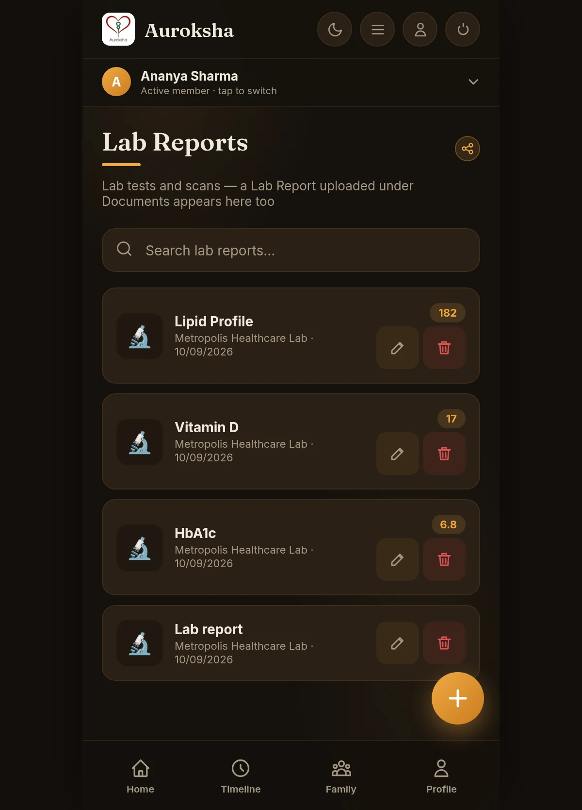 Lab Reports list with an expanded result