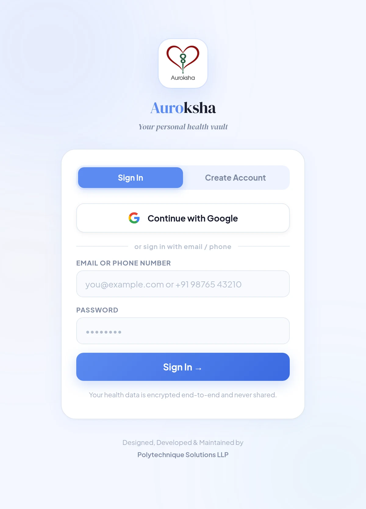 Sign in page with Sign In and Create Account tabs