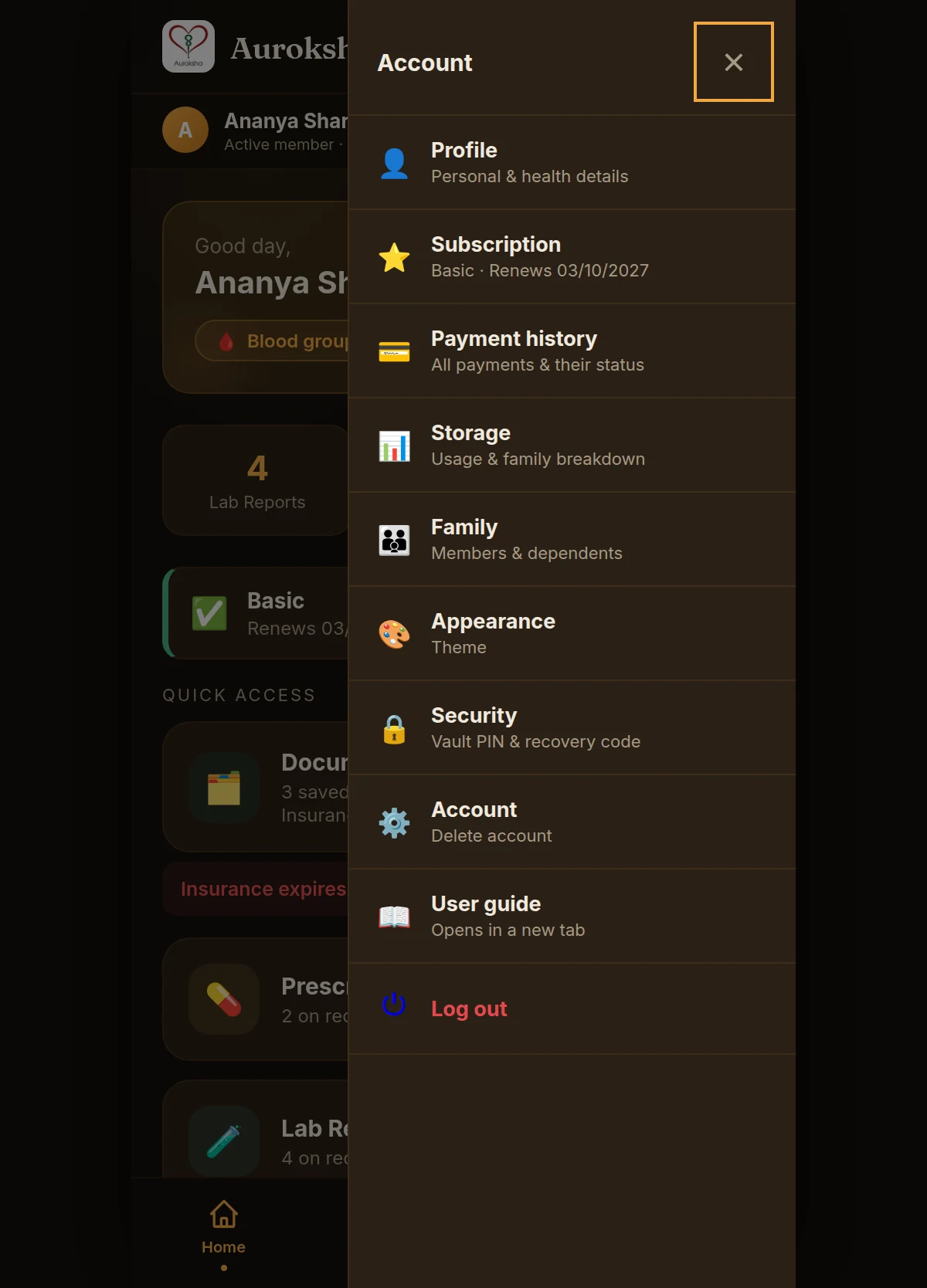 The account menu drawer