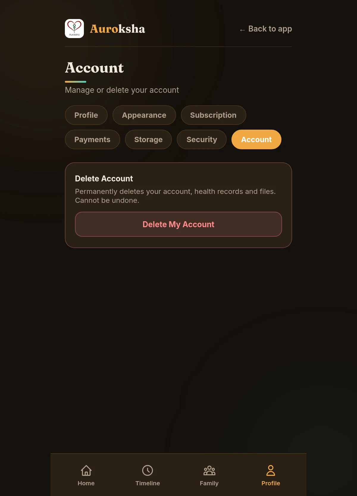 Account section with Delete My Account