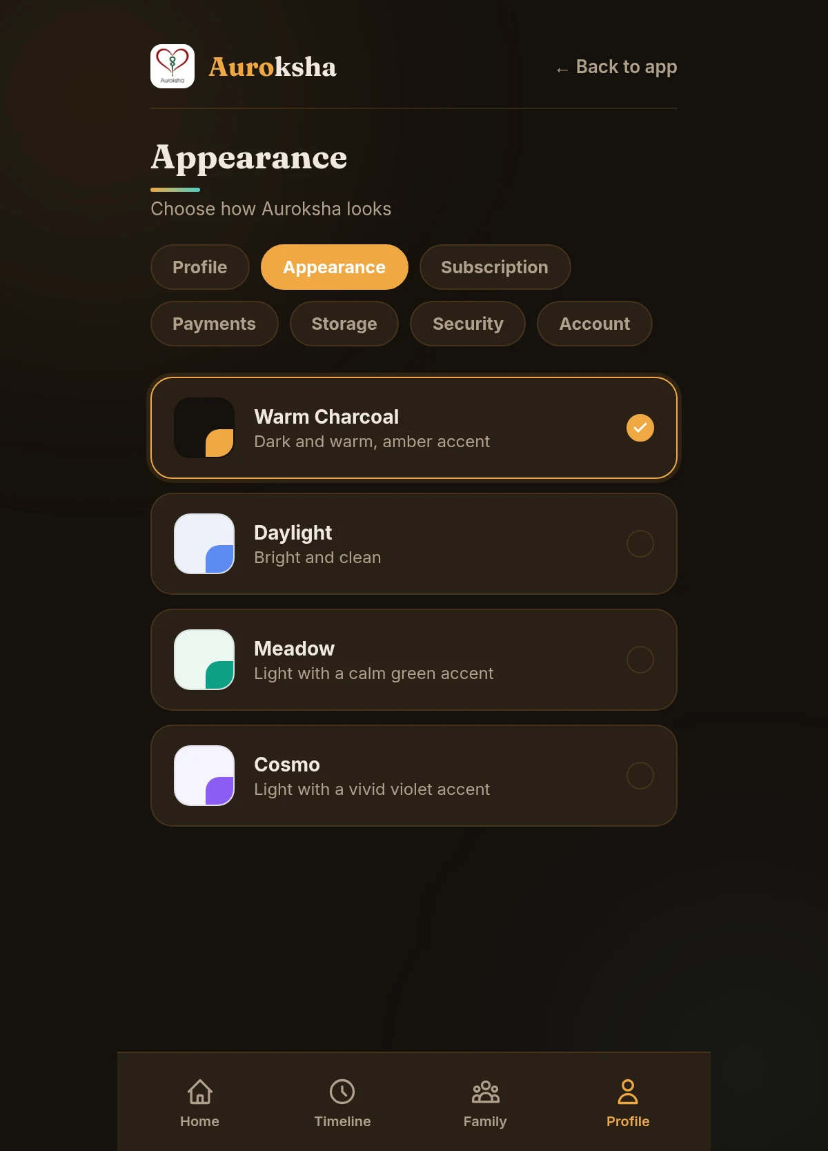 Appearance settings with four themes