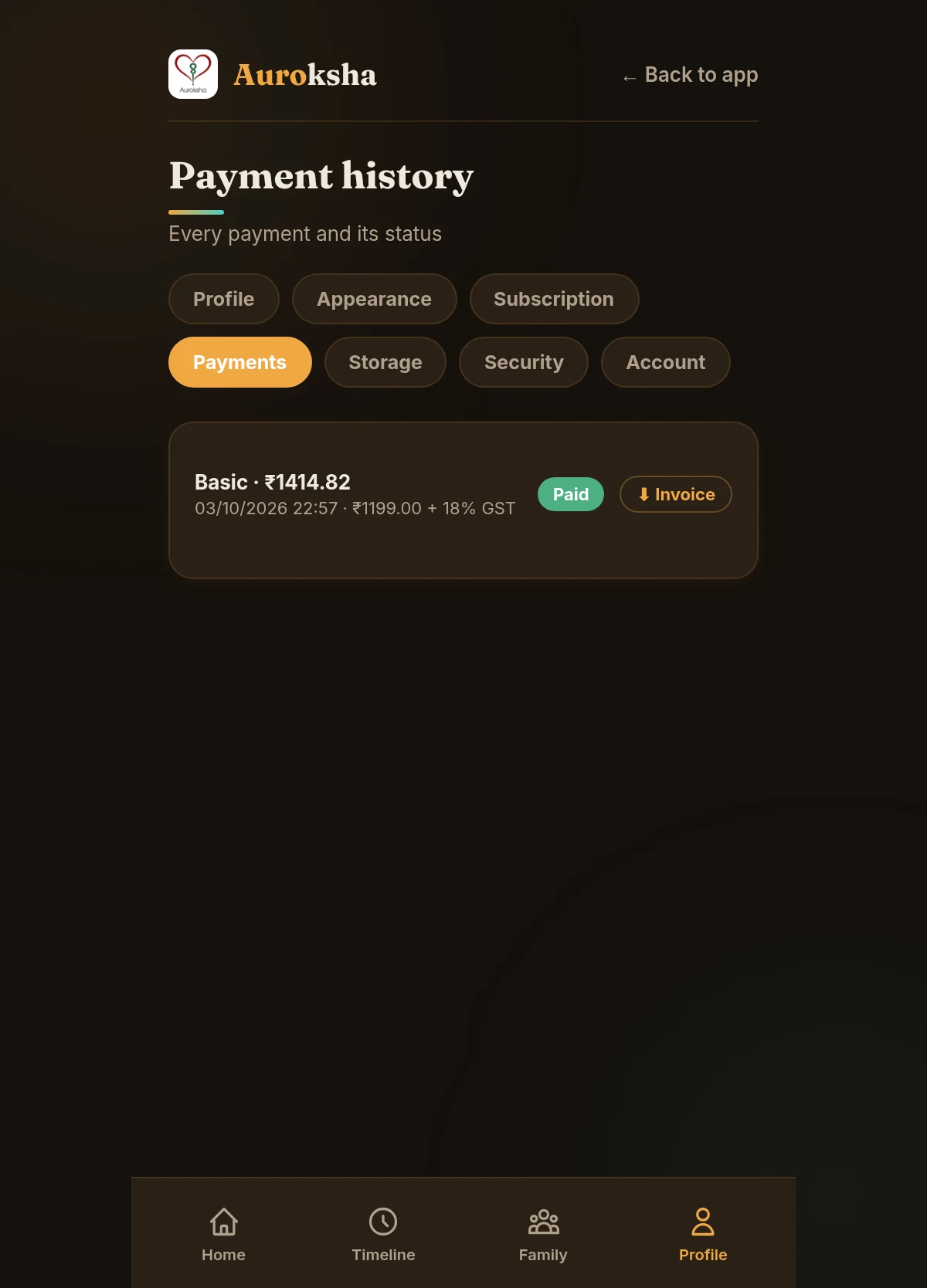 Payment history with an invoice download link