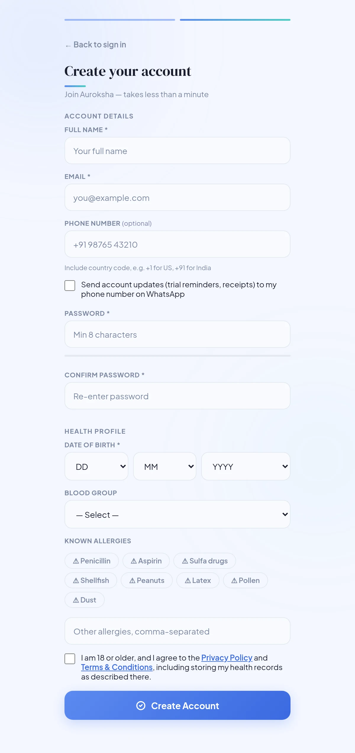 Create your account form