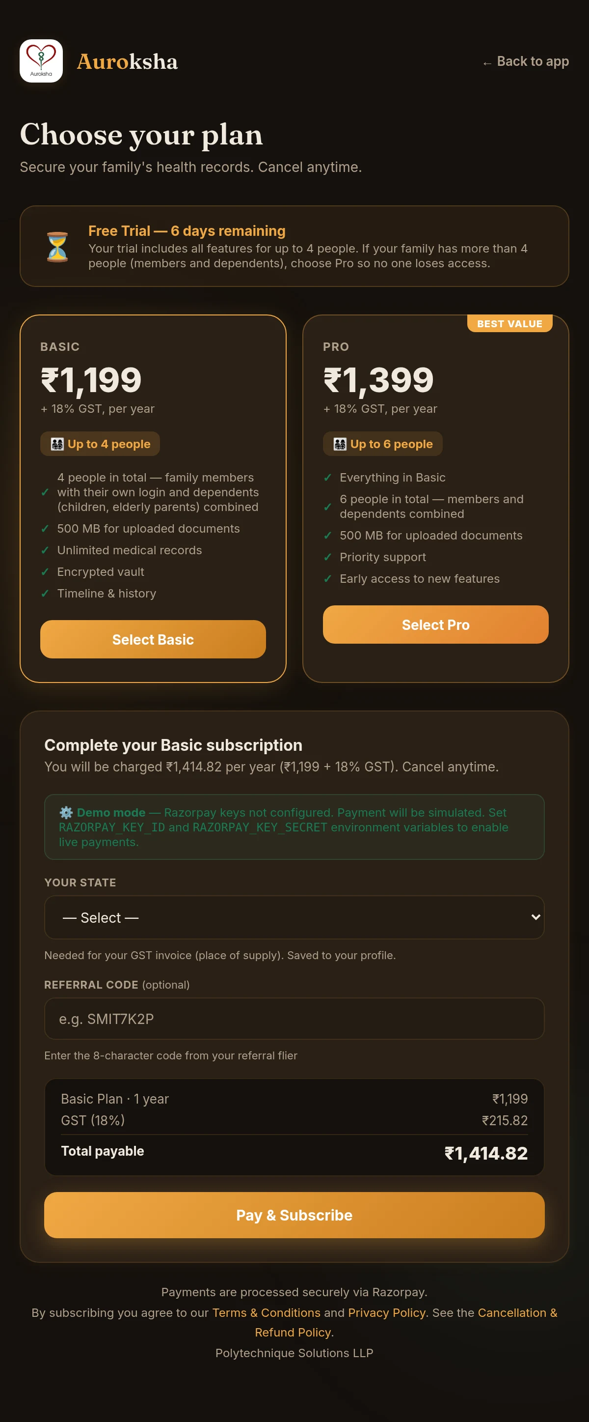 Choose your plan page with Basic selected and the total including GST