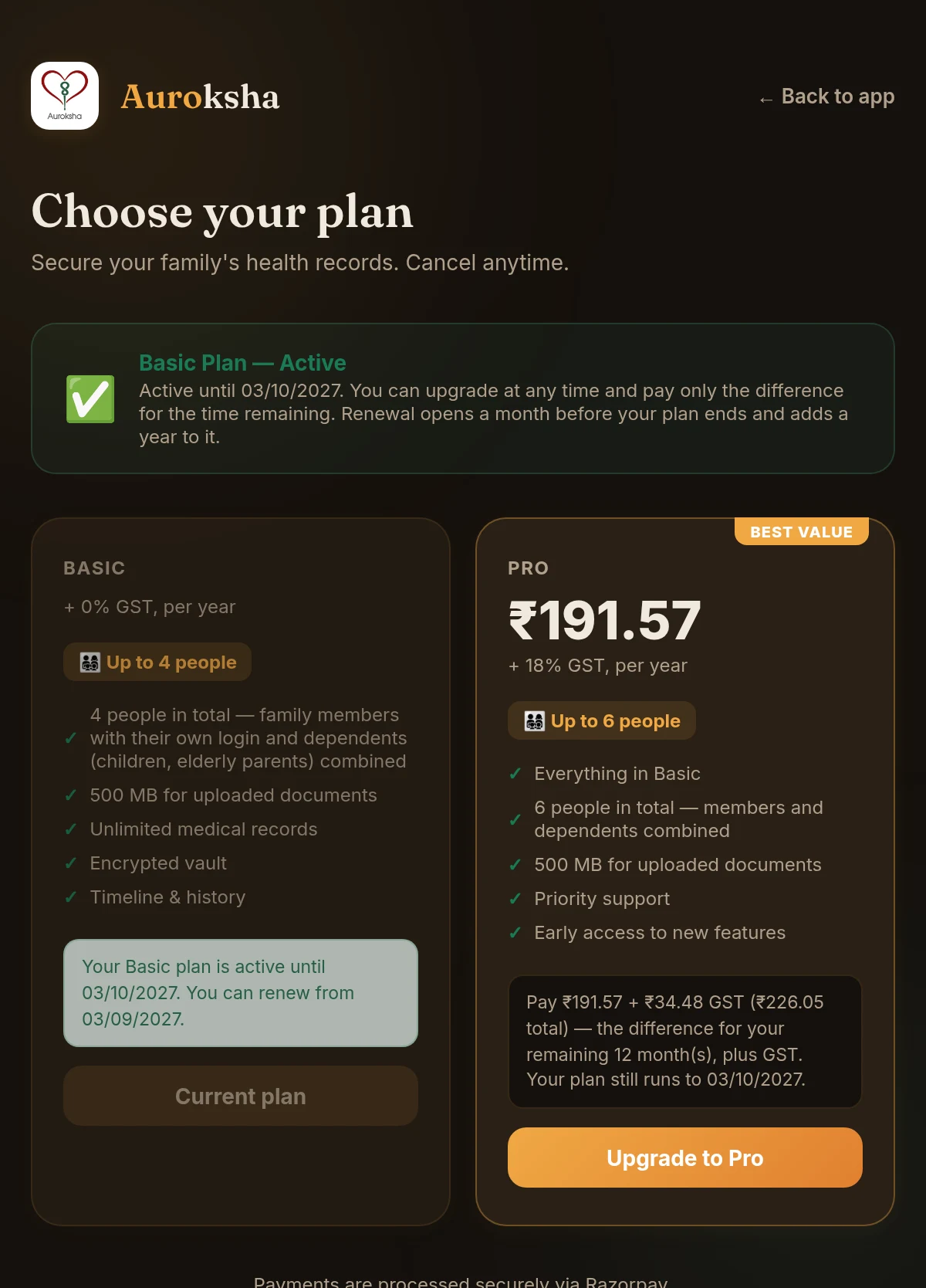 Plans page for an active Basic plan offering an upgrade to Pro