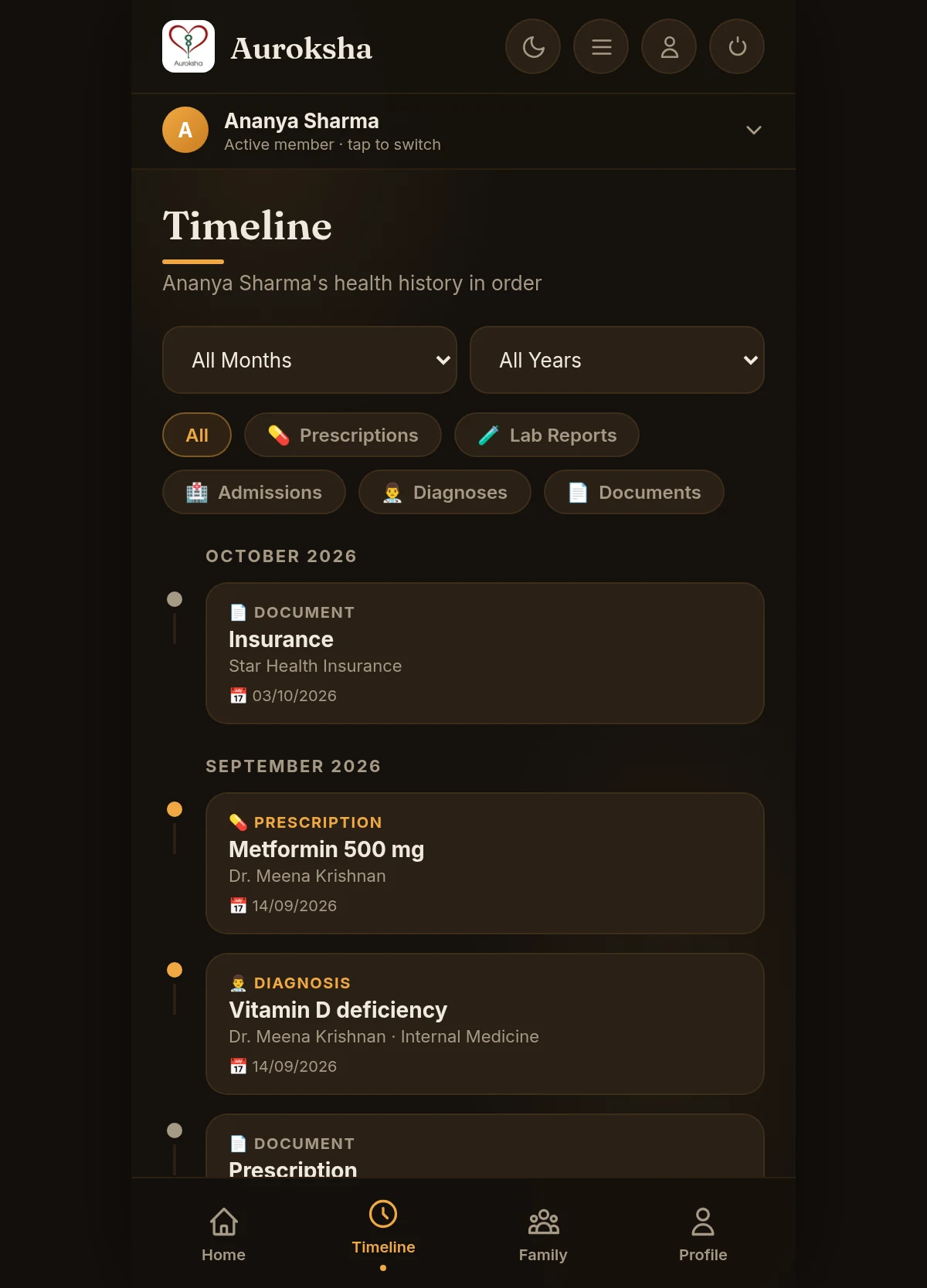 Timeline with month, year and type filters