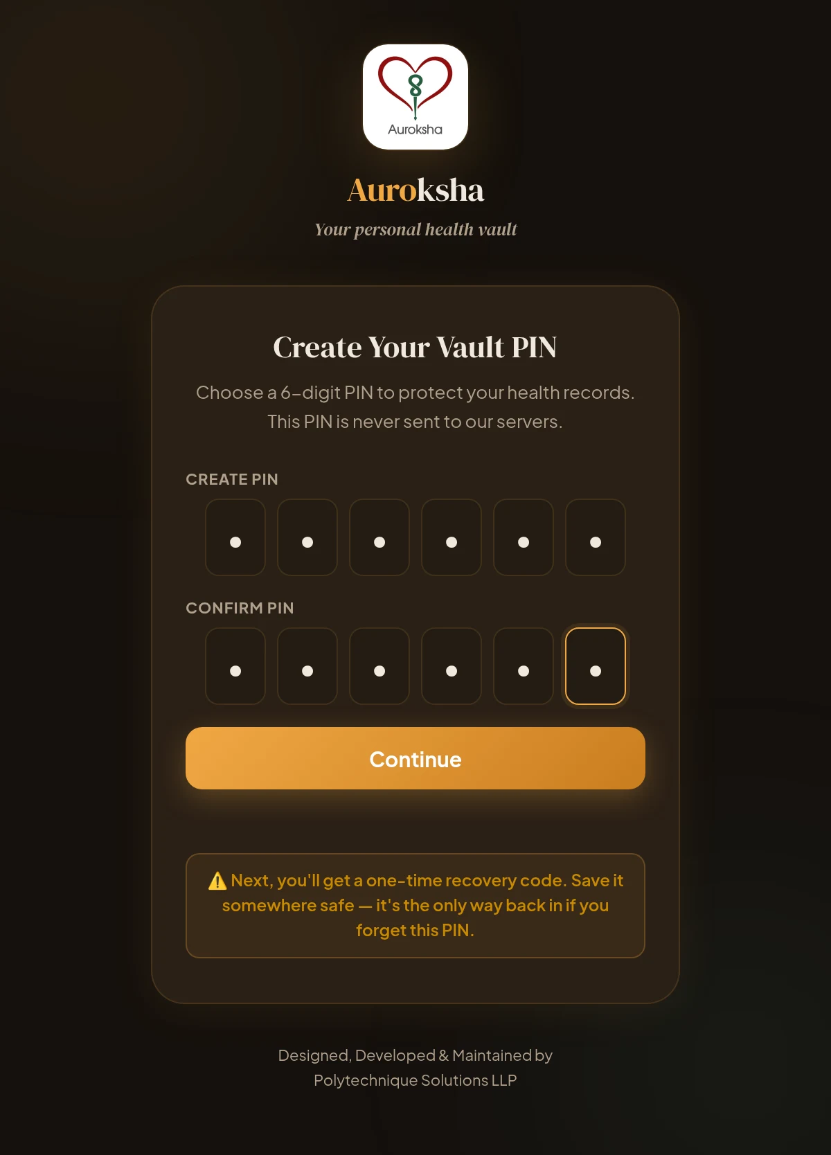 Create Your Vault PIN screen